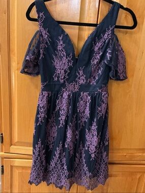 VENUS Navy Dress with Lavender Lace Mini